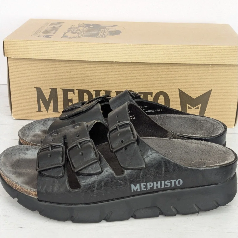 Mephisto Zach Fit Black Comfort Sandal Slide Gray Footbed Men's Size 37 EU